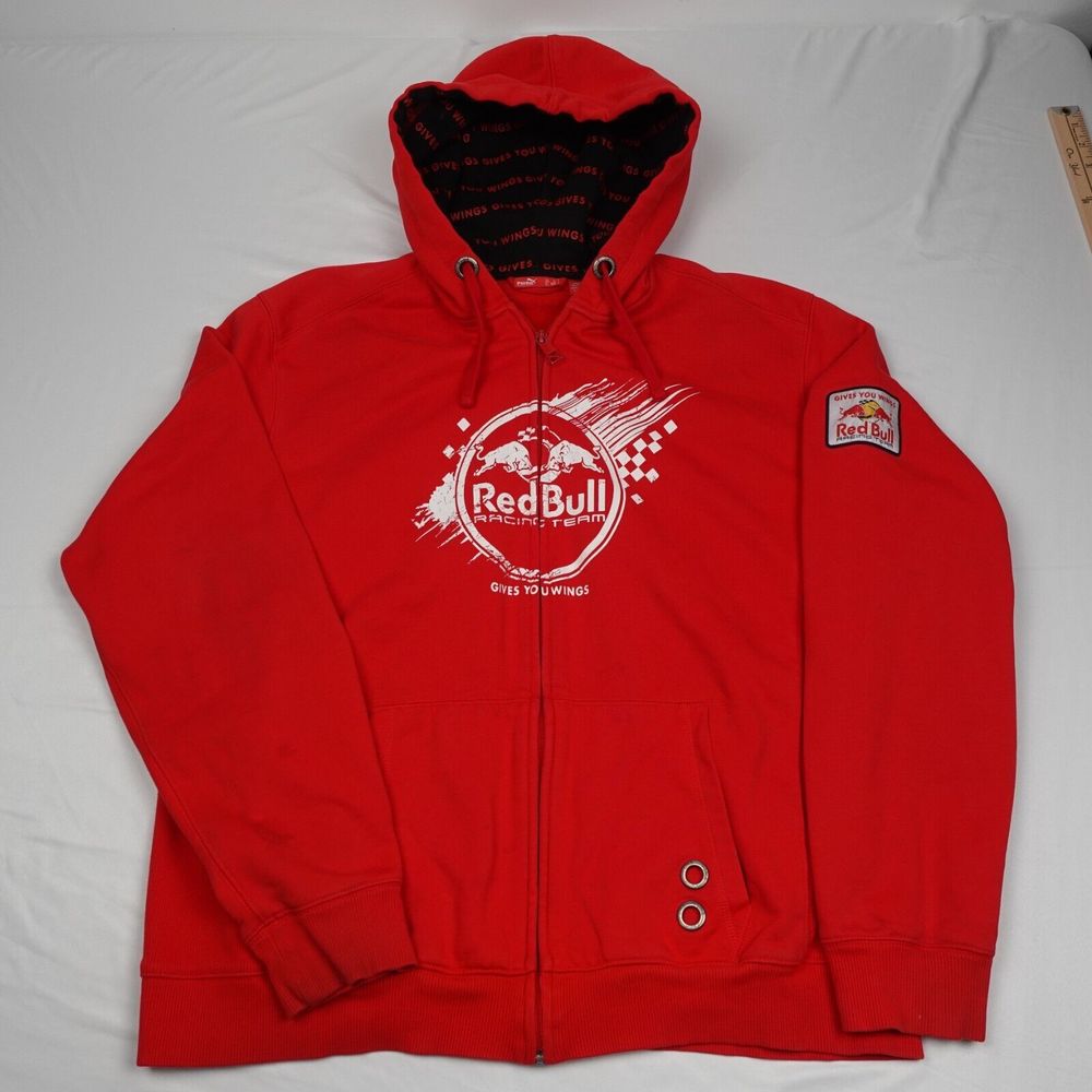 Puma Red Bull Fleece Jacket Men's L Hooded Logo Front Embroidered Full Zip Red